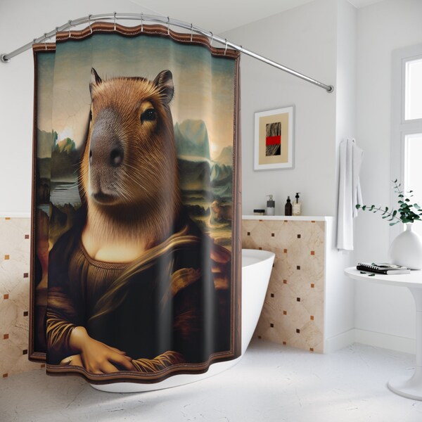 Rideau de douche Capybara Mona Lisa Accessoires de salle de bain Capybara amusants Rideau de salle de bain original Art de salle de bain amusant Léonard de Vinci