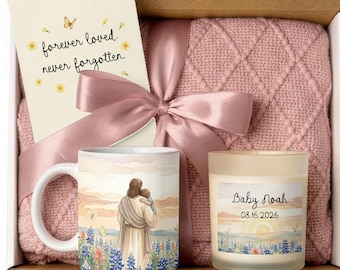 Regalo cristiano para casos de aborto espontáneo, paquete personalizado de apoyo para la pérdida del bebé, taza conmemorativa de Jesús sosteniendo al bebé, vela y manta