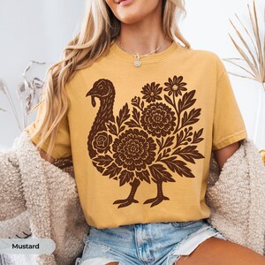 Linocut Style Thanksgiving Turkey Shirt Comfort Colors® Fall Graphic Tee Autumn Shirt Cute Turkey Shirt for Women Cozy Boho Fall Outfit image 4