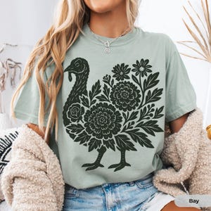 Linocut Style Thanksgiving Turkey Shirt Comfort Colors® Fall Graphic Tee Autumn Shirt Cute Turkey Shirt for Women Cozy Boho Fall Outfit image 7