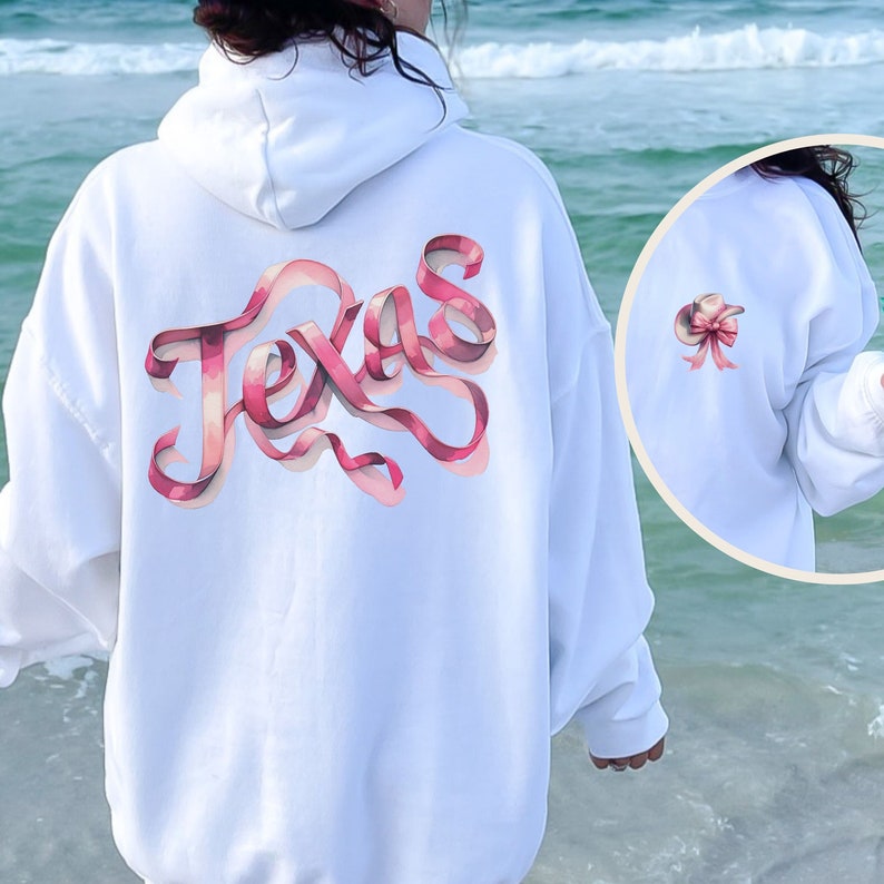 Texas Coquette Ribbon Hoodie Bow Coastal Cowgirl Cowboy Hat Coquette Clothing TX Shirt Oversized Sweatshirt Coquette Cowgirl Pink Bow Gift White