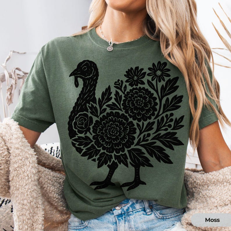 Linocut Style Thanksgiving Turkey Shirt Comfort Colors® Fall Graphic Tee Autumn Shirt Cute Turkey Shirt for Women Cozy Boho Fall Outfit image 3