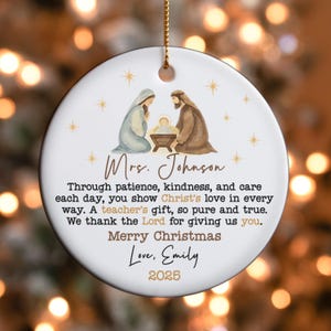 Custom Christian Teacher Ornament Gift from Student with Nativity Scene for Religious Teacher Christmas Classroom Keepsake Personalized Box