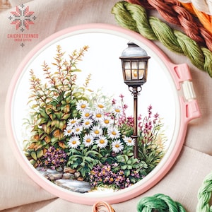Garden With Lamp Cross Stitch Pattern Embroidery, Landscape Cross Stitch Designs, Cross Stitch Chart, Nature Easy Cross Stitch