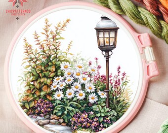 Garden With Lamp Cross Stitch Pattern Embroidery, Landscape Cross Stitch Designs, Cross Stitch Chart, Nature Easy Cross Stitch