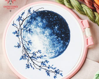 Full Moon Cross Stitch Pattern, Landscape Cross Stitch Designs, Cross Stitch Chart, Nature Easy Cross Stitch