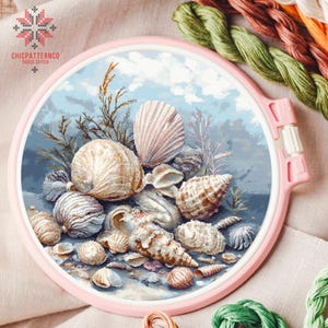 Shells Cross Stitch Pattern, Landscape Cross Stitch Designs, Cross Stitch Chart, Nature Easy Cross Stitch