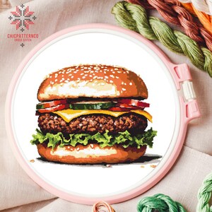 Hamburger Cross Stitch Pattern Embroidery, Cross Stitch Designs, Cross Stitch Chart, Easy Cross Stitch