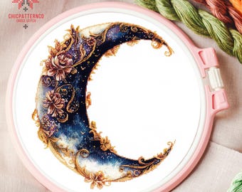 Moon Cross Stitch Pattern, Landscape Cross Stitch Designs, Cross Stitch Chart, Nature Easy Cross Stitch