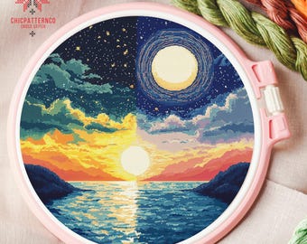 day And Night Stitch Pattern, Landscape Cross Stitch Designs, Cross Stitch Chart, Nature Easy Cross Stitch