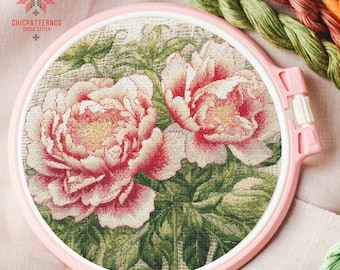 Realistic Peony Floral Cross Stitch Pattern, Landscape Cross Stitch Designs, Cross Stitch Chart, Nature Easy Cross Stitch