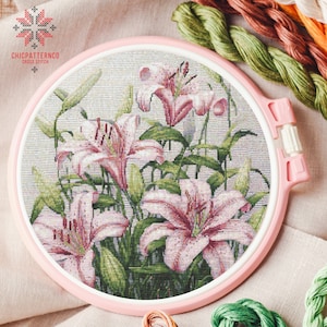 Modern Lily Floral Cross Stitch Pattern, Landscape Cross Stitch Designs, Cross Stitch Chart, Nature Easy Cross Stitch