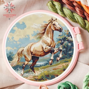 Horse Cross Stitch Pattern, Landscape Cross Stitch Designs, Beginner Embroidery Kit, Embroidery Pattern Easy Cross Stitch