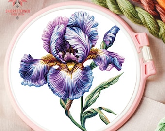 Iris Flower Cross Stitch Pattern, Landscape Cross Stitch Designs, Cross Stitch Chart, Nature Easy Cross Stitch