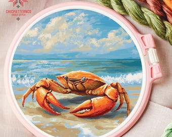 Crab cross stitch Pattern, Landscape Cross Stitch Designs, Beginner Embroidery Kit, Embroidery Pattern Easy Cross Stitch