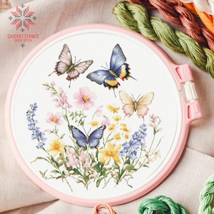Butterflies Cross Stitch Pattern, Landscape Cross Stitch Designs, Cross Stitch Chart, Nature Easy Cross Stitch