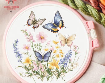 Butterflies Cross Stitch Pattern, Landscape Cross Stitch Designs, Cross Stitch Chart, Nature Easy Cross Stitch