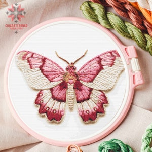Pink Moth Butterfly Cross Stitch Pattern, Landscape Cross Stitch Designs, Cross Stitch Chart, Nature Easy Cross Stitch