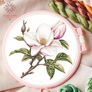 Magnolia Flower Cross Stitch Pattern, Landscape Cross Stitch Designs, Cross Stitch Chart, Nature Easy Cross Stitch
