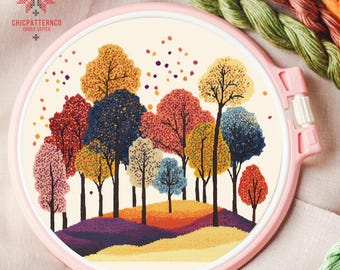 Colorful autumn Cross Stitch Pattern, Landscape Cross Stitch Designs, Cross Stitch Chart, Nature Easy Cross Stitch