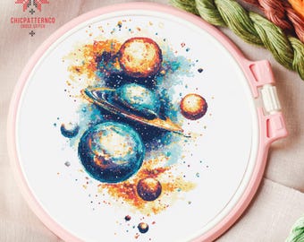 Planets Cross Stitch Pattern, Landscape Cross Stitch Designs, Cross Stitch Chart, Nature Easy Cross Stitch