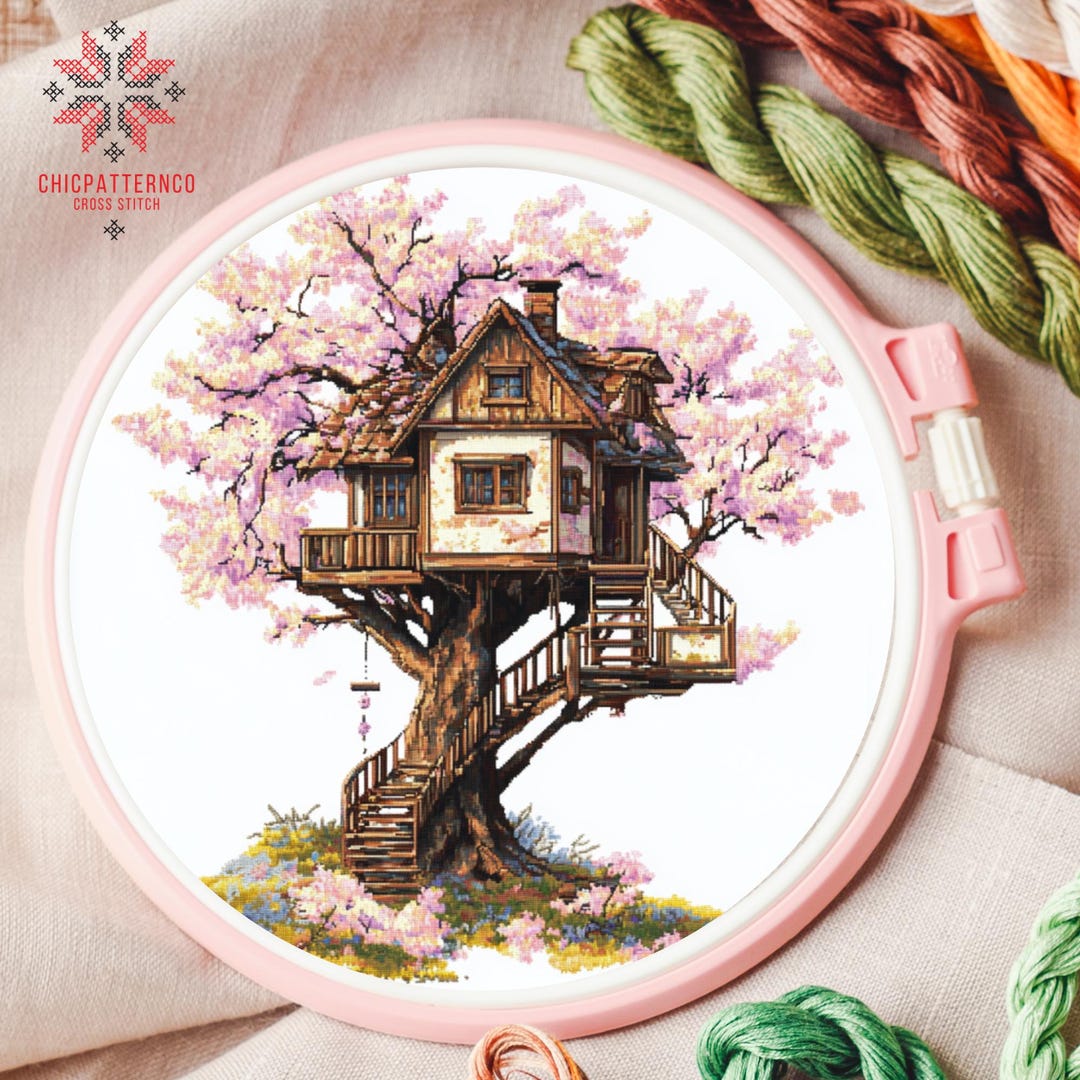 Tree House Cross Stitch Pattern, Landscape Cross Stitch Designs, Cross ...