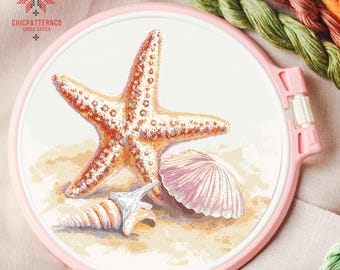 Starfish Cross Stitch Pattern Embroidery, Landscape Cross Stitch Designs, Cross Stitch Chart, Nature Eay Cross Stitch