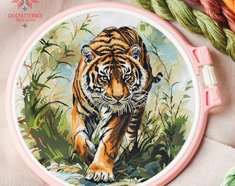 Tiger Cross Stitch Pattern, Landscape Cross Stitch Designs, Beginner Embroidery Kit, Embroidery Pattern Easy Cross Stitch