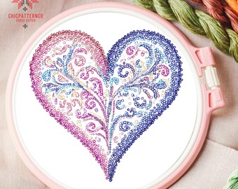 Heart Cross Stitch Pattern, Landscape Cross Stitch Designs, Cross Stitch Chart, Nature Easy Cross Stitch