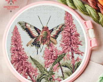Moth With Flowers Cross Stitch Pattern, Landscape Cross Stitch Designs, Cross Stitch Chart, Nature Easy Cross Stitch