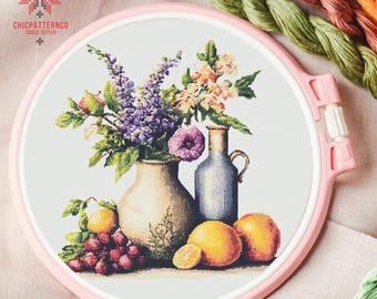 Still life Cross Stitch Pattern Embroidery, Cross Stitch Designs, Cross Stitch Chart, Easy Cross Stitch