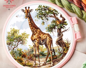 Giraffe Cross Stitch Pattern Embroidery, Landscape Cross Stitch Designs, Cross Stitch Chart, Nature Easy Cross Stitch