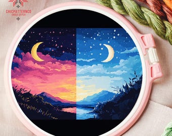Moon Day And Night Stitch Pattern, Landscape Cross Stitch Designs, Cross Stitch Chart, Nature Easy Cross Stitch