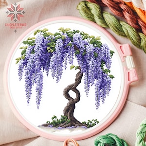 Wisteria Flowers Tree Cross Stitch Pattern Embroidery, Landscape Cross Stitch Designs, Cross Stitch Chart, Nature Easy Cross Stitch