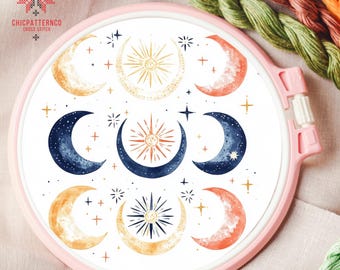 Moon Phases with Sea Cross Stitch Pattern, Landscape Cross Stitch Designs, Cross Stitch Chart, Nature Easy Cross Stitch