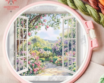 Garden Window Stitch Pattern, Landscape Cross Stitch Designs, Cross Stitch Chart, Nature Easy Cross Stitch