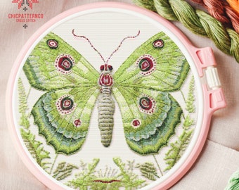 Green Moth Butterfly Cross Stitch Pattern, Landscape Cross Stitch Designs, Cross Stitch Chart, Easy Cross Stitch