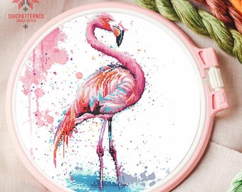 Flamingo Cross Stitch Pattern, Landscape Cross Stitch Designs, Beginner Embroidery Kit, Embroidery Pattern Easy Cross Stitch