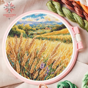 Weizenfeld Kreuzstichmuster, Landschaft Kreuzstich Designs, Kreuzstichvorlage, Natur einfaches Kreuzstich