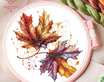 Leaves Cross Stitch Pattern Embroidery, Landscape Cross Stitch Designs, Cross Stitch Chart, Nature Easy Cross Stitch