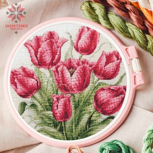 Tulips Floral Cross Stitch Pattern Embroidery, Landscape Cross Stitch Designs, Cross Stitch Chart, Nature Easy Cross Stitch