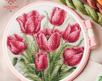 Tulips Floral Cross Stitch Pattern Embroidery, Landscape Cross Stitch Designs, Cross Stitch Chart, Nature Easy Cross Stitch