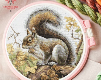 Squirrel Cross Stitch Pattern Embroidery, Landscape Cross Stitch Designs, Cross Stitch Chart, Nature Easy Cross Stitch