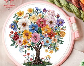 Flowering Tree Cross Stitch Pattern Embroidery, Landscape Cross Stitch Designs, Cross Stitch Chart, Nature Easy Cross Stitch