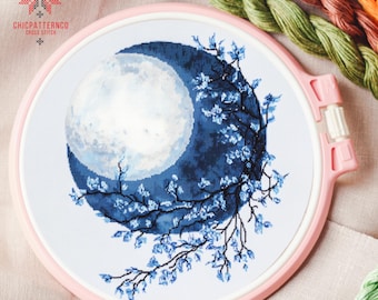 Growing Full Moon Cross Stitch Pattern, Landscape Cross Stitch Designs, Cross Stitch Chart, Nature Easy Cross Stitch
