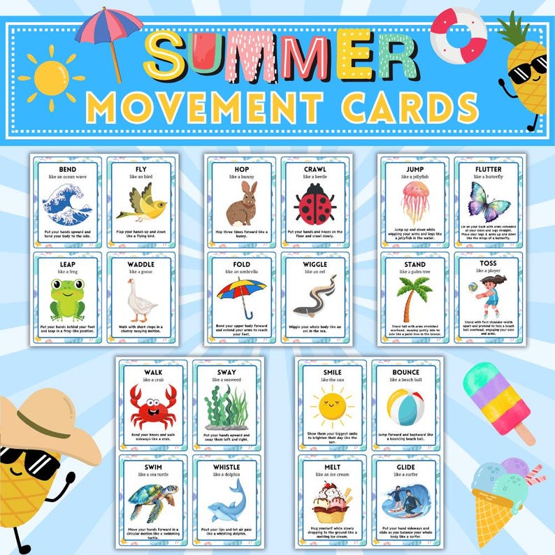 May include: A set of colorful "Summer Movement Cards" with illustrations of various actions like bending, flying, and hopping. The cards feature images of a wave, bird, bunny, ladybug, jellyfish, and butterfly, among others. The top of the cards reads "SUMMER MOVEMENT CARDS".