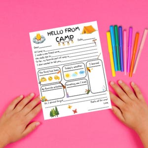 Plantilla de carta de "Hola desde el campamento" para niños - Correo imprimible para campamentos de verano - Hoja de actividades divertidas para campamentos - Paquetes de tarjetas con sobres