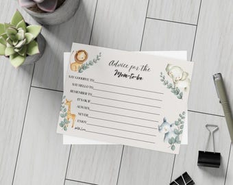 May include: A white card with a light brown background and black text that reads "Advice for the Mom-to-be". The card has a list of prompts for guests to write advice for the mom-to-be. The card is decorated with watercolor illustrations of animals, including a lion, a giraffe, a rhino, and an elephant.