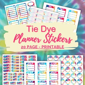 Könnte beinhalten: Eine Sammlung von Tie-Dye-Planer-Aufklebern in verschiedenen Formen und Größen. Die Aufkleber weisen leuchtende Farben auf und enthalten Etiketten für Termine, Daten und Notizen. Der Text "Tie Dye Planner Stickers" ist deutlich sichtbar.