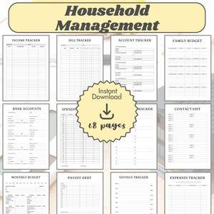 May include: A digital download household management planner with 68 pages. The planner includes trackers for income, bills, accounts, family budget, bank accounts, spending, and more. The title "Household Management" is at the top.